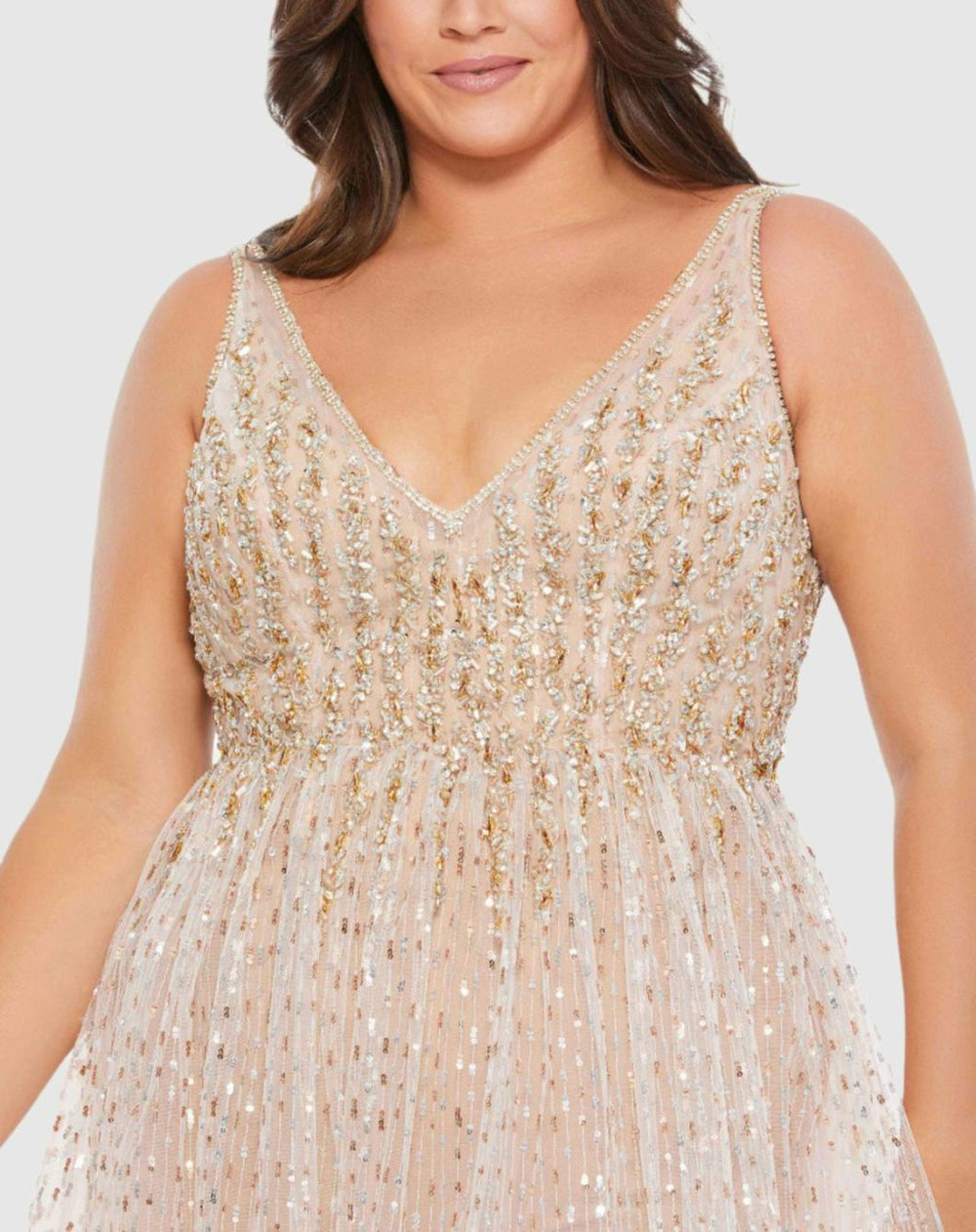 Jumpsuits &amp; Rompers | Women Mac Duggal Beaded Sleeveless V Neck Sheer Overlay Romper (Plus) Nude Gold
