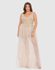 Jumpsuits &amp; Rompers | Women Mac Duggal Beaded Sleeveless V Neck Sheer Overlay Romper (Plus) Nude Gold