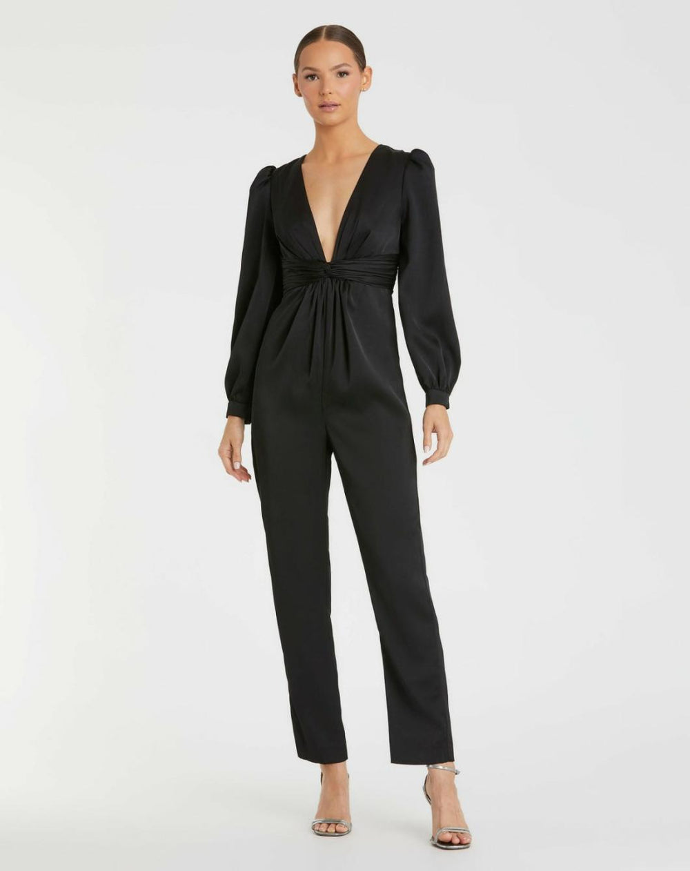 Jumpsuits &amp; Rompers | Women Mac Duggal Black Front Twist Puff Sleeve Deep V Jumpsuit Black