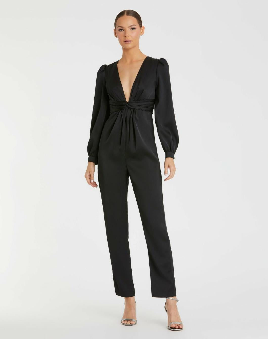 Jumpsuits &amp; Rompers | Women Mac Duggal Black Front Twist Puff Sleeve Deep V Jumpsuit Black