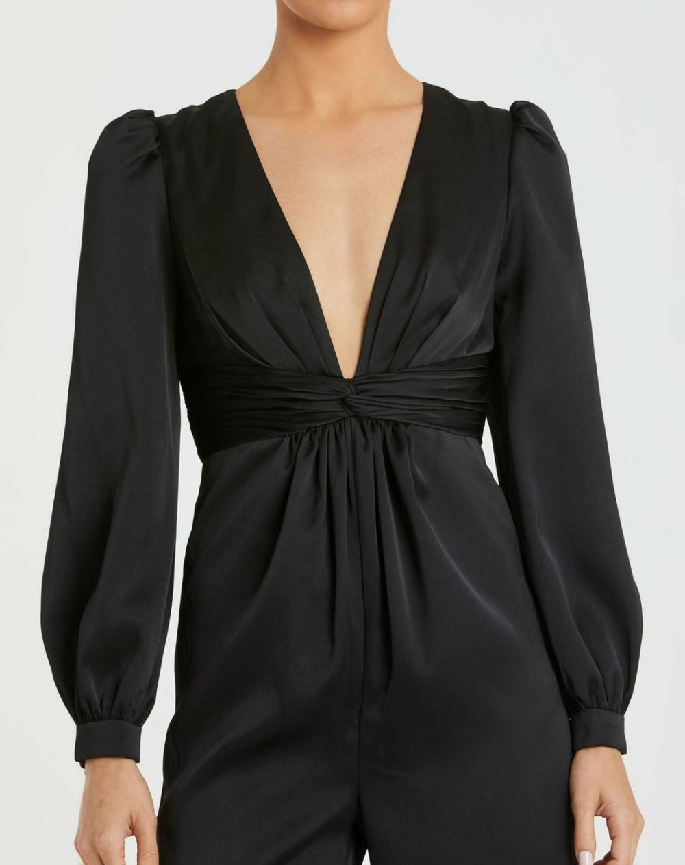 Jumpsuits &amp; Rompers | Women Mac Duggal Black Front Twist Puff Sleeve Deep V Jumpsuit Black