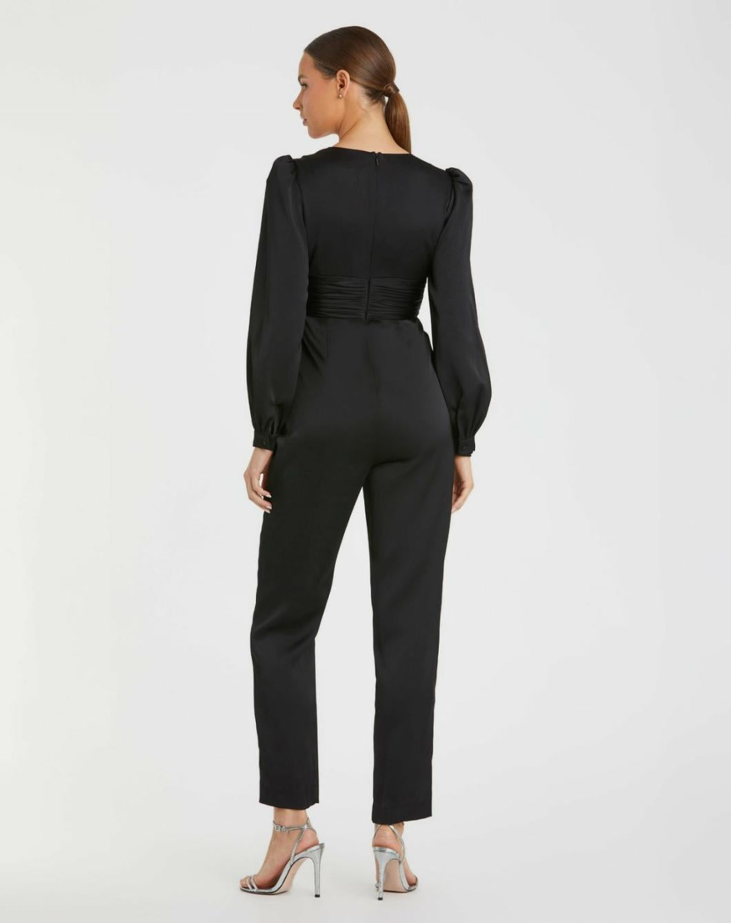 Jumpsuits &amp; Rompers | Women Mac Duggal Black Front Twist Puff Sleeve Deep V Jumpsuit Black