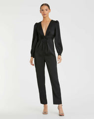 Jumpsuits &amp; Rompers | Women Mac Duggal Black Front Twist Puff Sleeve Deep V Jumpsuit Black