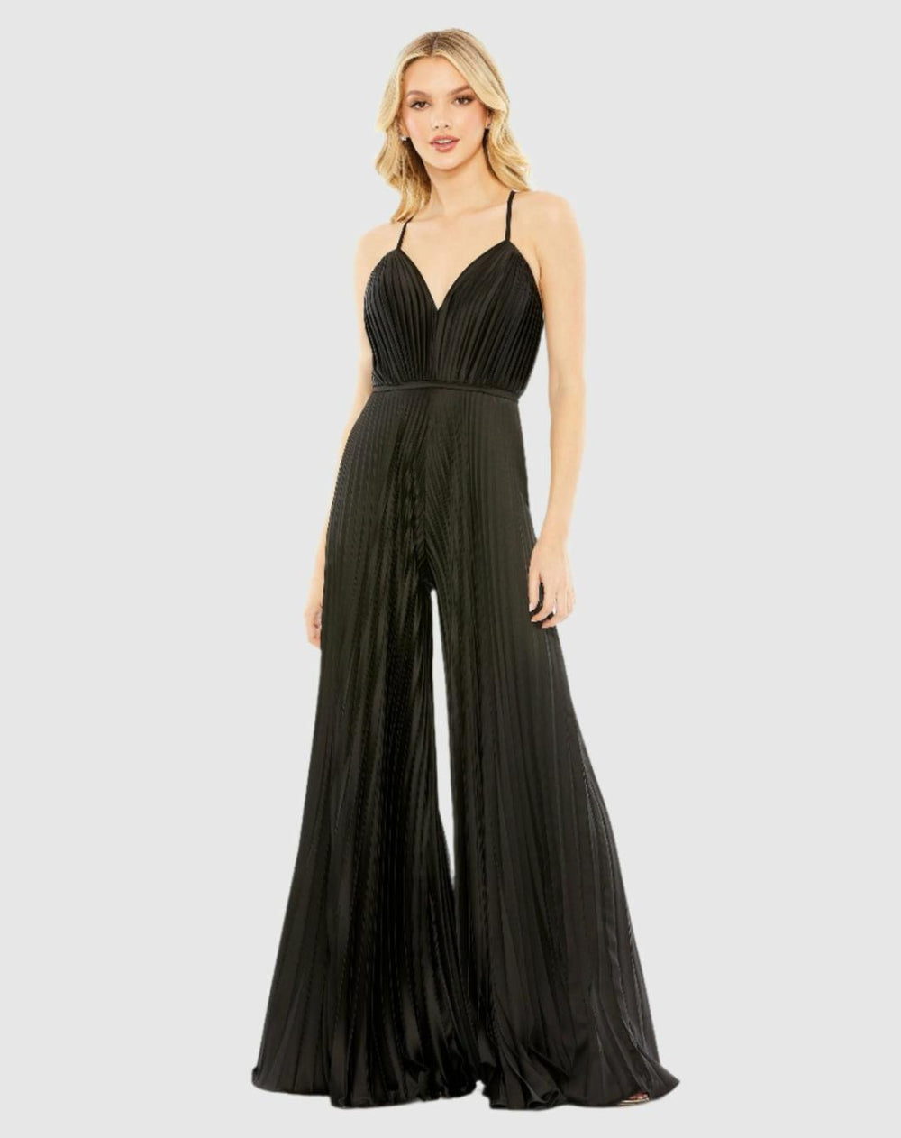 Jumpsuits &amp; Rompers | Women Mac Duggal Black Pleated Plunge Neck Wide Leg Jumpsuit Black