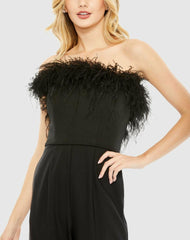 Jumpsuits &amp; Rompers | Women Mac Duggal Black Strapless Jumpsuit With Feather Trim - FINAL SALE Black