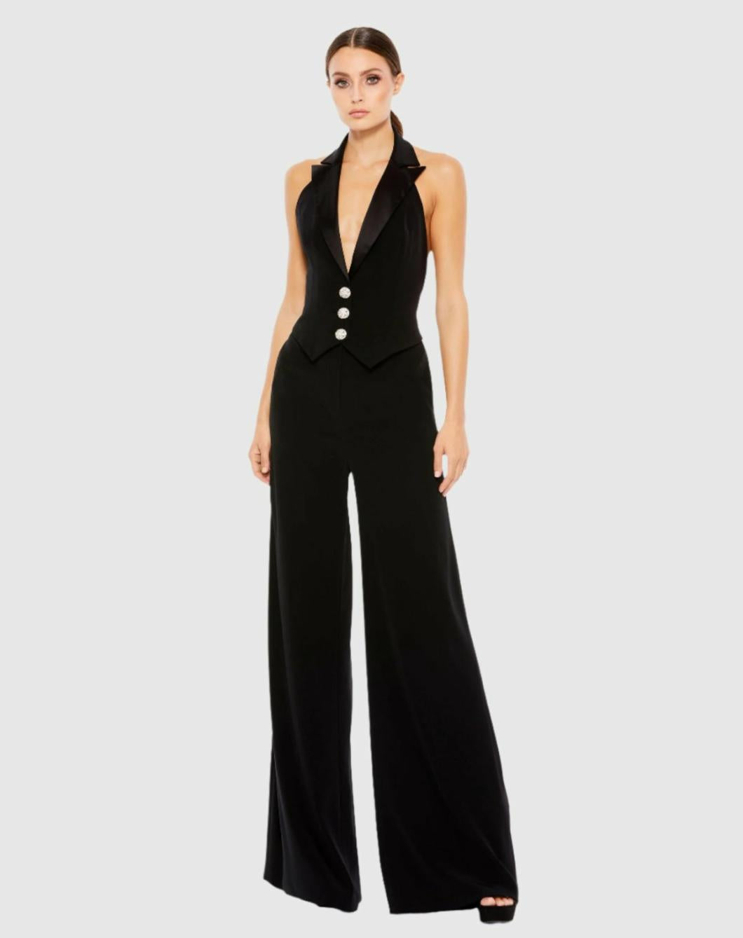 Jumpsuits &amp; Rompers | Women Mac Duggal Black Tuxedo Halter Jumpsuit Jet Black