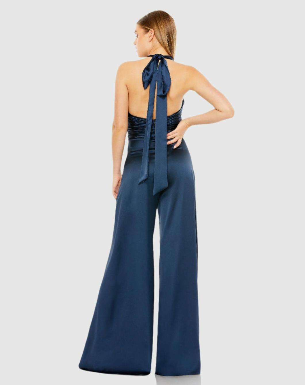 Jumpsuits &amp; Rompers | Women Mac Duggal Blue Ruched Halter Top Wide Leg Satin Jumpsuit Sapphire