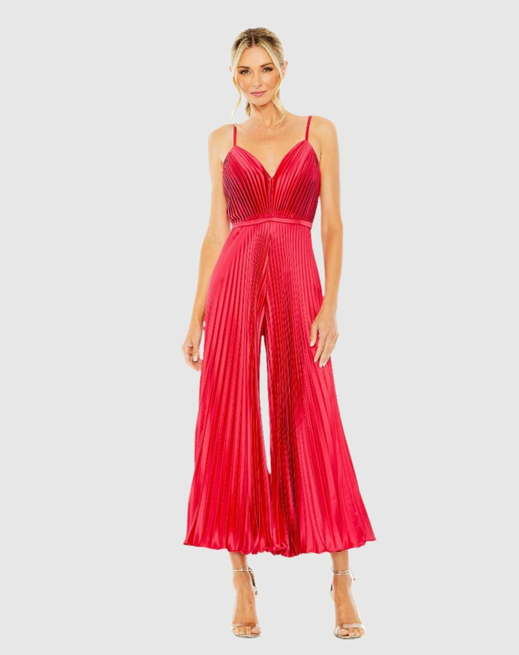 Jumpsuits &amp; Rompers | Women Mac Duggal Cropped Pleated V-Neck Wide Leg Jumpsuit Cranberry