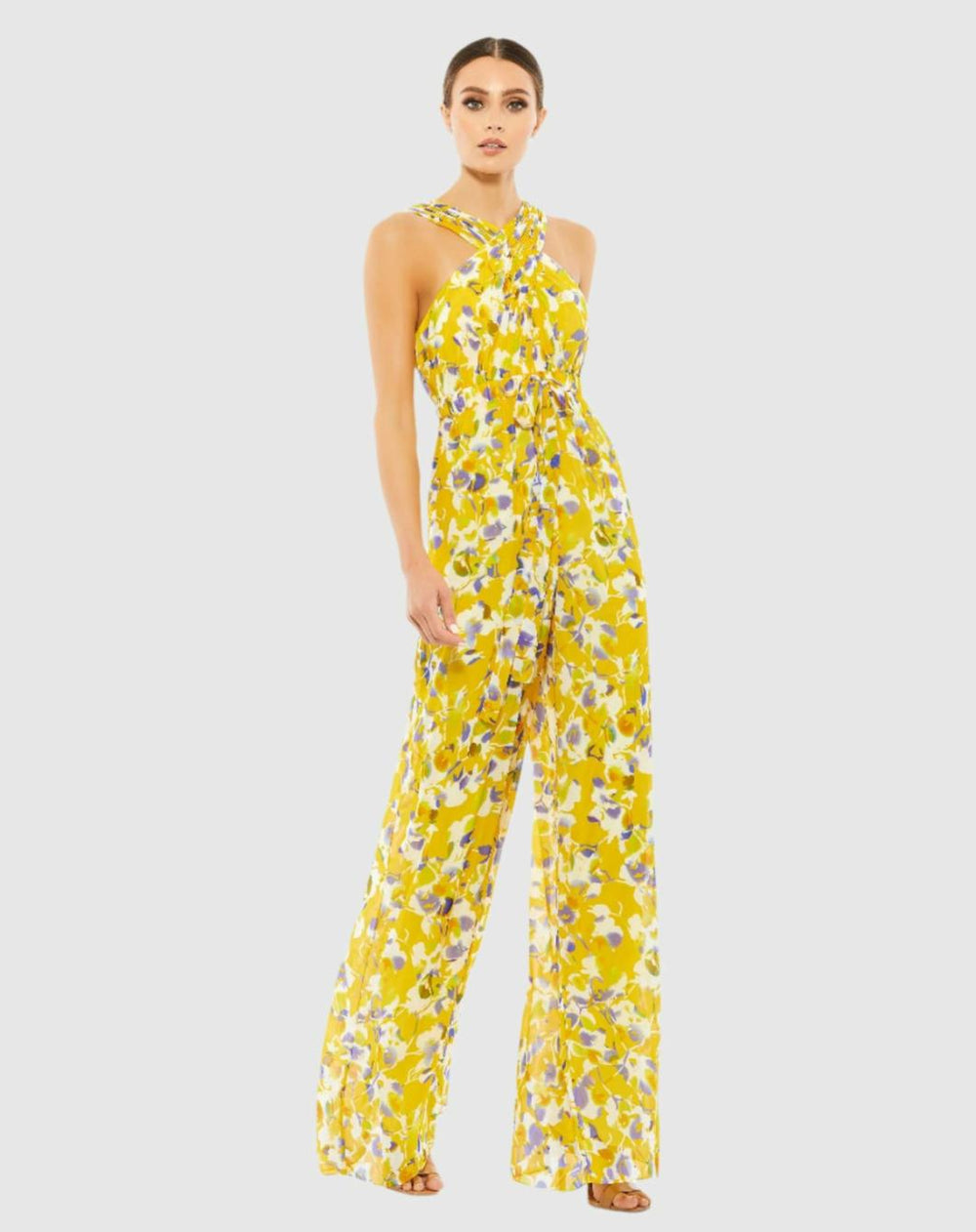 Jumpsuits &amp; Rompers | Women Mac Duggal Crossed Halter Tie Waist Jumpsuit Yellow/multi