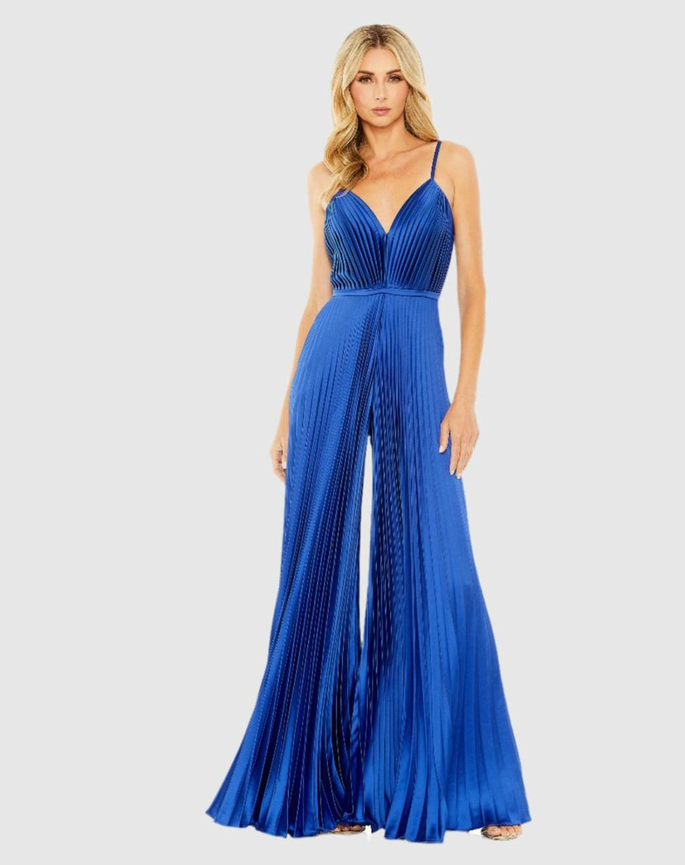 Jumpsuits &amp; Rompers | Women Mac Duggal Dark Blue Pleated Plunge Neck Wide Leg Jumpsuit Royal