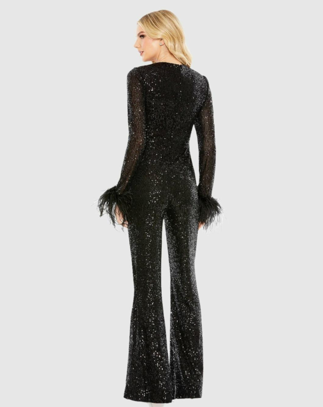 Jumpsuits &amp; Rompers | Women Mac Duggal Feather Cuff Sequined V Neck Jumpsuit Black