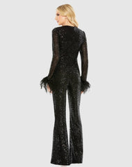 Jumpsuits &amp; Rompers | Women Mac Duggal Feather Cuff Sequined V Neck Jumpsuit Black