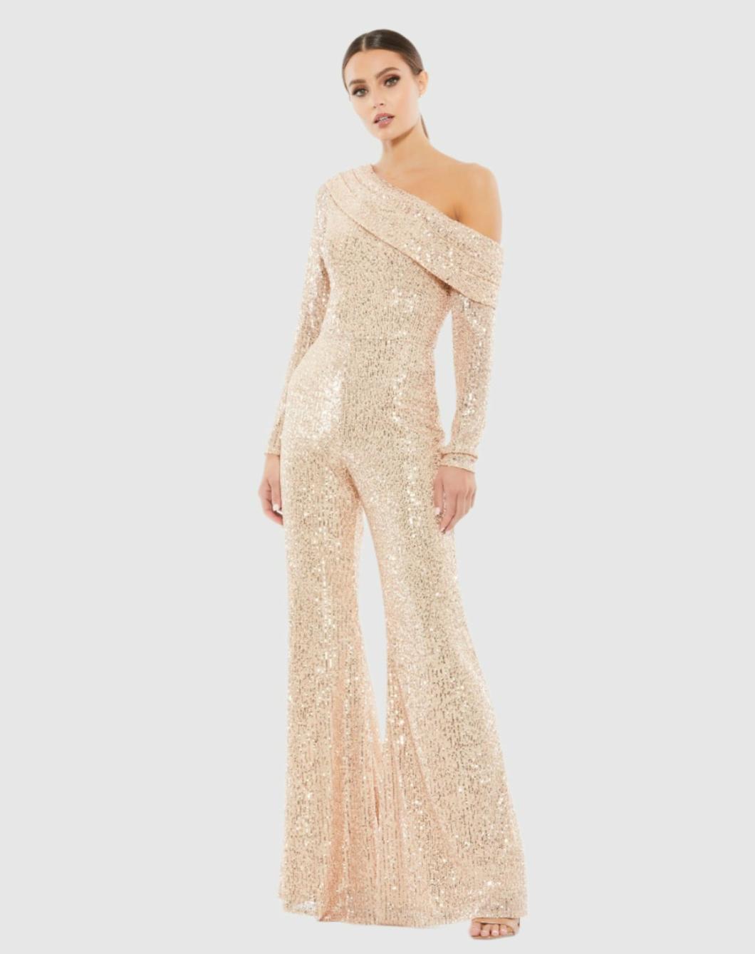 Jumpsuits &amp; Rompers | Women Mac Duggal Gold Sequined Drop Shoulder Long Sleeve Jumpsuit Rose Gold