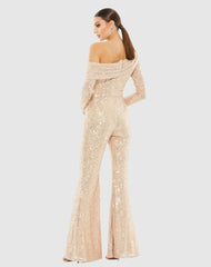 Jumpsuits &amp; Rompers | Women Mac Duggal Gold Sequined Drop Shoulder Long Sleeve Jumpsuit Rose Gold
