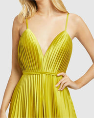 Jumpsuits &amp; Rompers | Women Mac Duggal Green Pleated Plunge Neck Wide Leg Jumpsuit Chartreuse