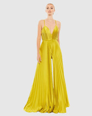 Jumpsuits &amp; Rompers | Women Mac Duggal Green Pleated Plunge Neck Wide Leg Jumpsuit Chartreuse