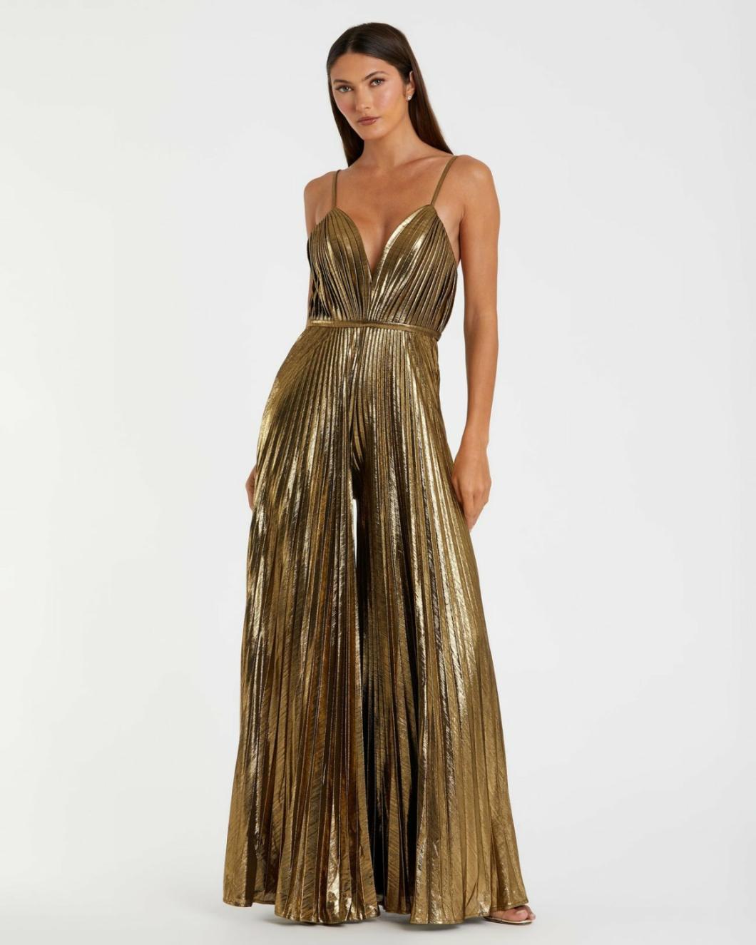 Jumpsuits &amp; Rompers | Women Mac Duggal Metallic Pleated V-Neck Jumpsuit Antique Gold