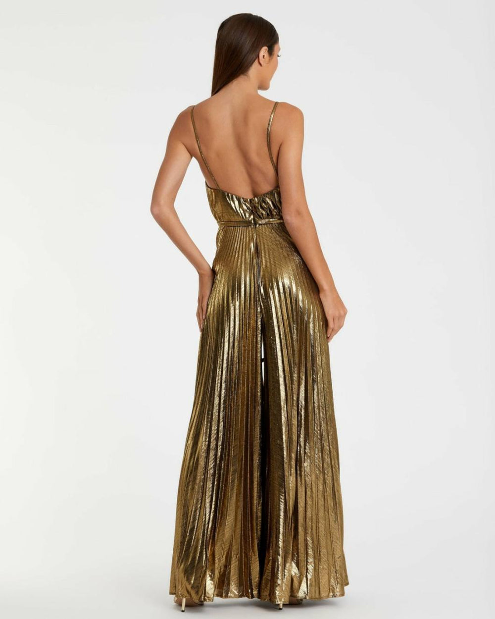 Jumpsuits &amp; Rompers | Women Mac Duggal Metallic Pleated V-Neck Jumpsuit Antique Gold