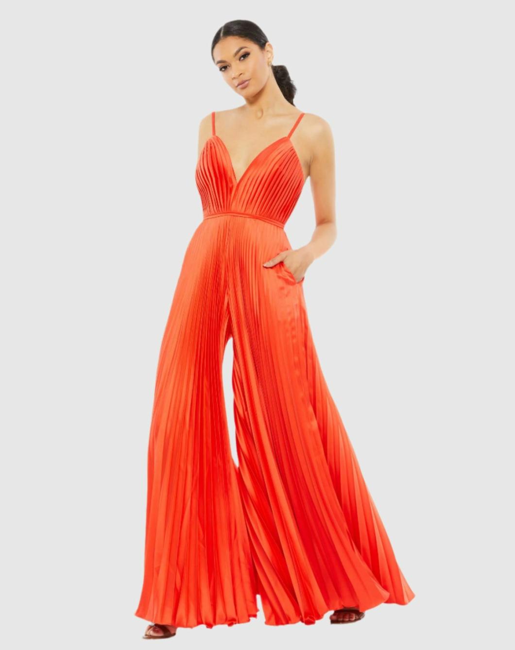 Jumpsuits &amp; Rompers | Women Mac Duggal Orange Pleated Plunge Neck Wide Leg Jumpsuit Tangerine