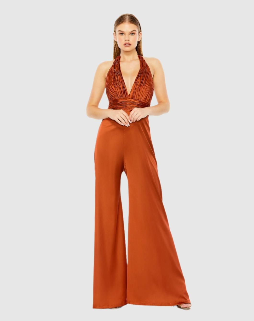 Jumpsuits &amp; Rompers | Women Mac Duggal Orange Ruched Halter Top Wide Leg Satin Jumpsuit Rust