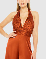 Jumpsuits &amp; Rompers | Women Mac Duggal Orange Ruched Halter Top Wide Leg Satin Jumpsuit Rust