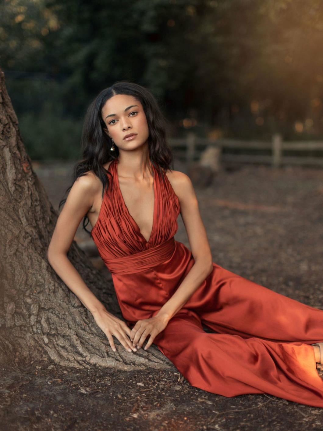 Jumpsuits &amp; Rompers | Women Mac Duggal Orange Ruched Halter Top Wide Leg Satin Jumpsuit Rust