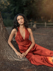 Jumpsuits &amp; Rompers | Women Mac Duggal Orange Ruched Halter Top Wide Leg Satin Jumpsuit Rust