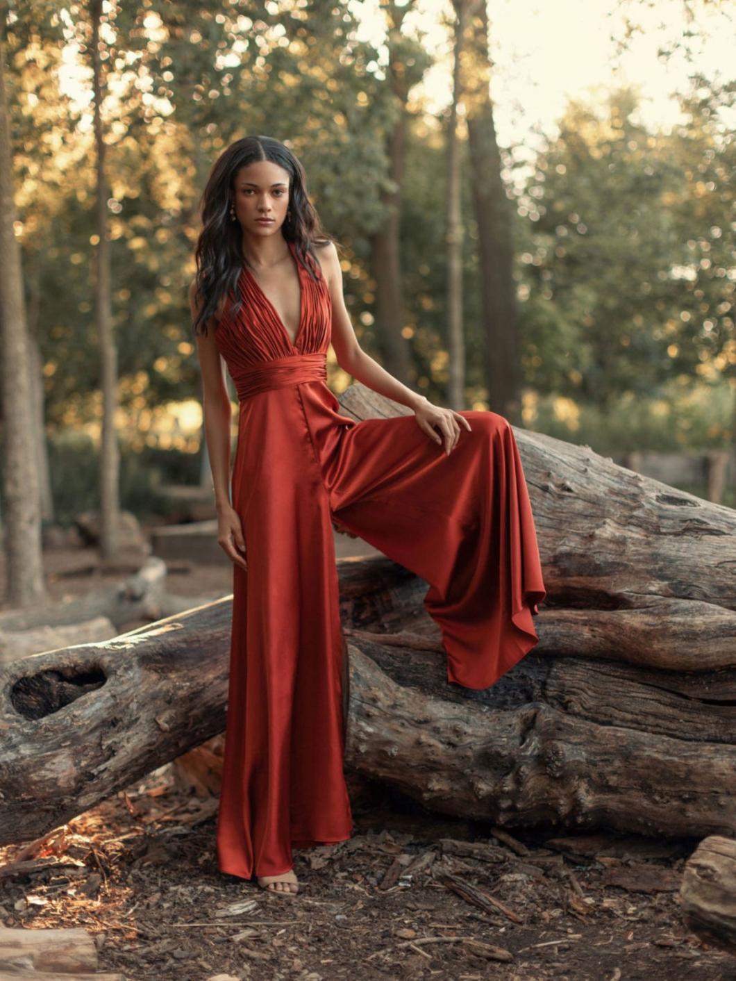 Jumpsuits &amp; Rompers | Women Mac Duggal Orange Ruched Halter Top Wide Leg Satin Jumpsuit Rust