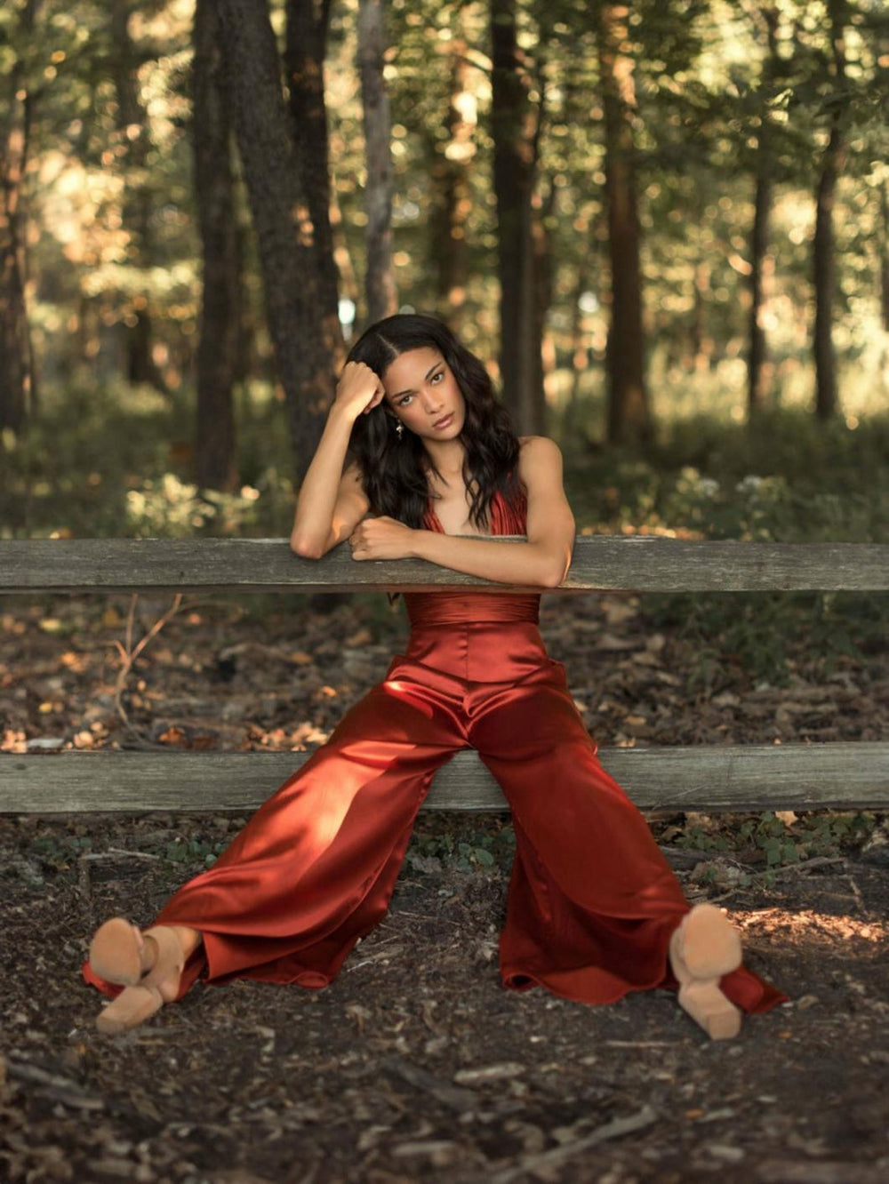 Jumpsuits &amp; Rompers | Women Mac Duggal Orange Ruched Halter Top Wide Leg Satin Jumpsuit Rust