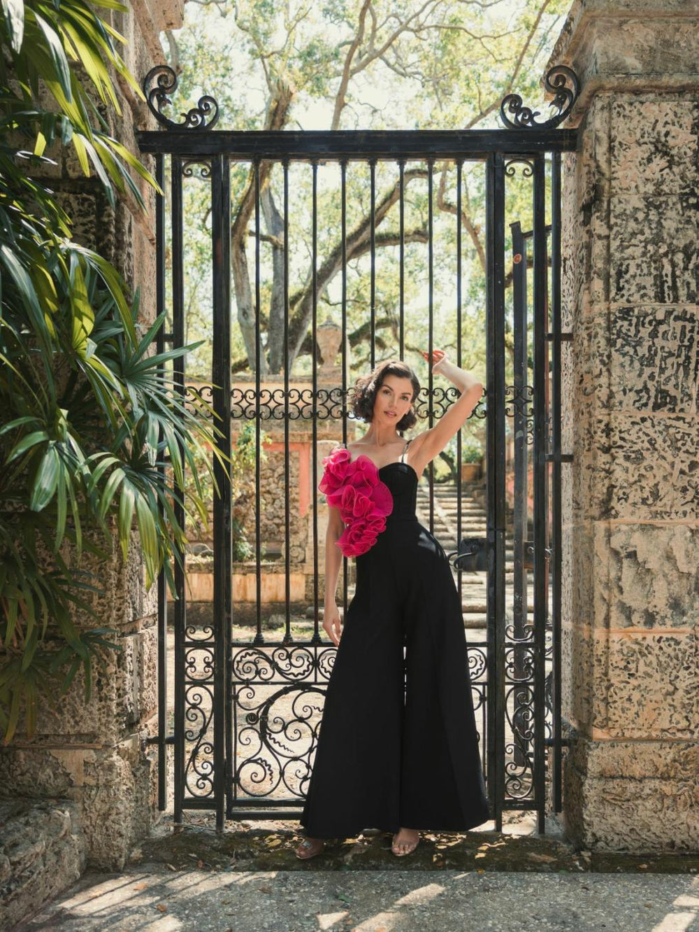 Jumpsuits &amp; Rompers | Women Mac Duggal Oversized Ruffle Wide Leg Jumpsuit Black Fuchsia