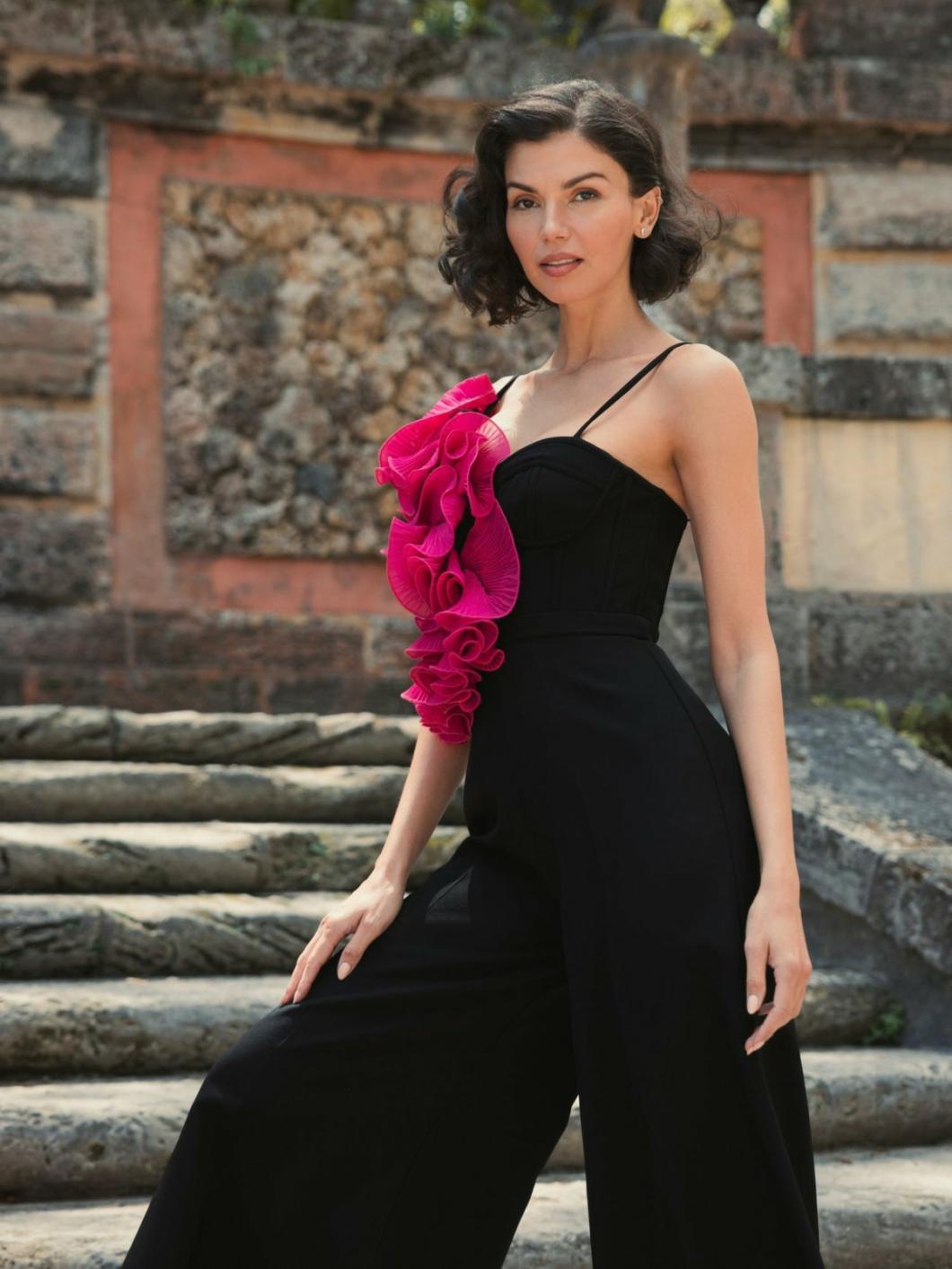 Jumpsuits &amp; Rompers | Women Mac Duggal Oversized Ruffle Wide Leg Jumpsuit Black Fuchsia