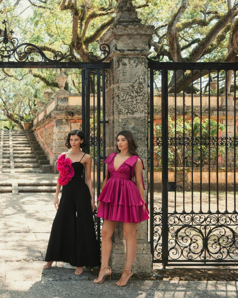 Jumpsuits &amp; Rompers | Women Mac Duggal Oversized Ruffle Wide Leg Jumpsuit Black Fuchsia