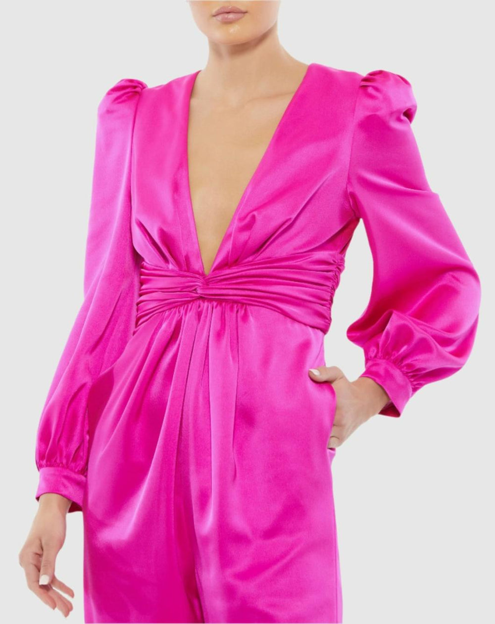 Jumpsuits &amp; Rompers | Women Mac Duggal Pink Front Twist Puff Sleeve Deep V Jumpsuit Fuchsia