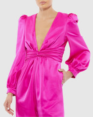 Jumpsuits &amp; Rompers | Women Mac Duggal Pink Front Twist Puff Sleeve Deep V Jumpsuit Fuchsia