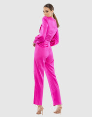 Jumpsuits &amp; Rompers | Women Mac Duggal Pink Front Twist Puff Sleeve Deep V Jumpsuit Fuchsia