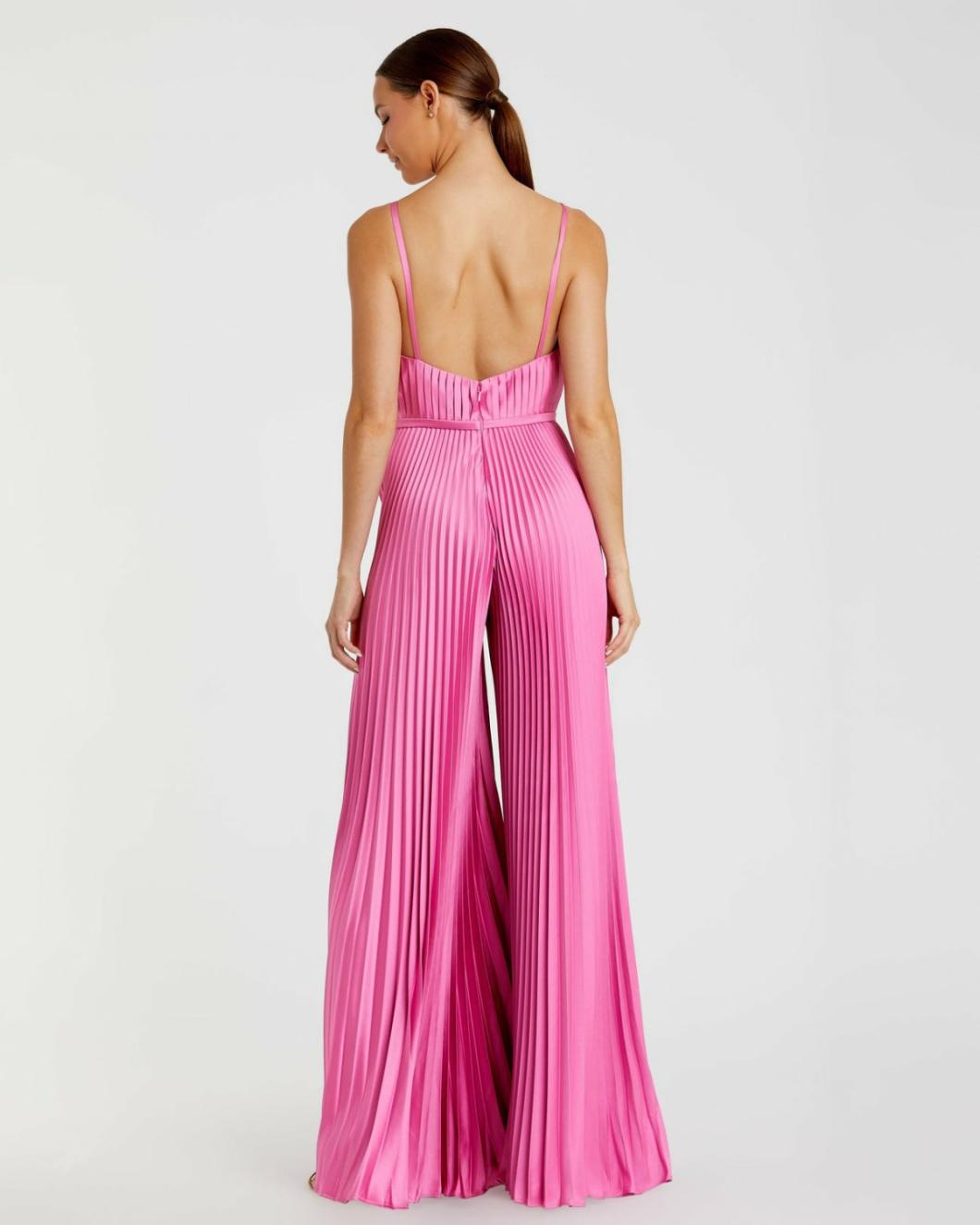Jumpsuits &amp; Rompers | Women Mac Duggal Pink Pleated Plunge Neck Wide Leg Jumpsuit Pink