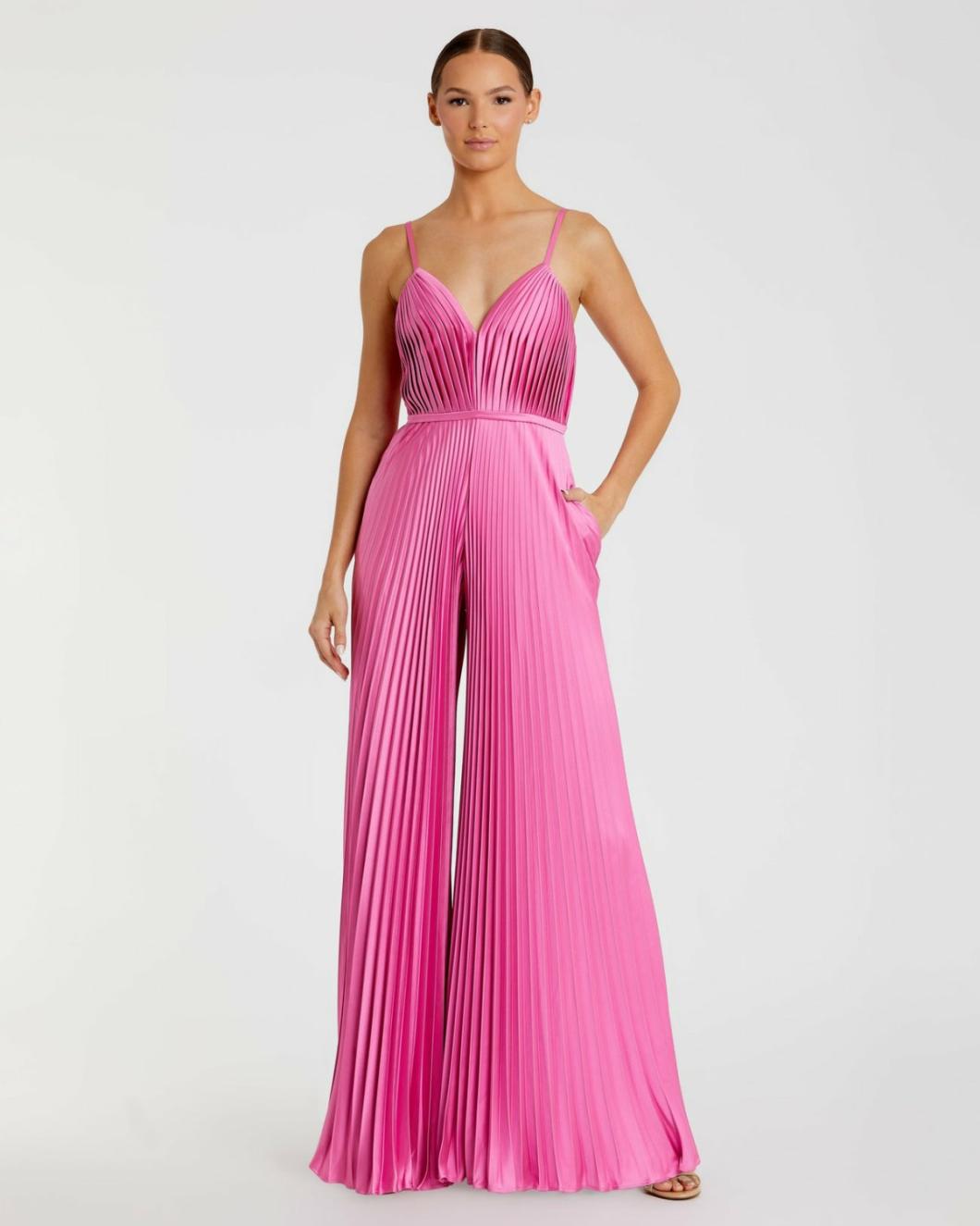 Jumpsuits &amp; Rompers | Women Mac Duggal Pink Pleated Plunge Neck Wide Leg Jumpsuit Pink