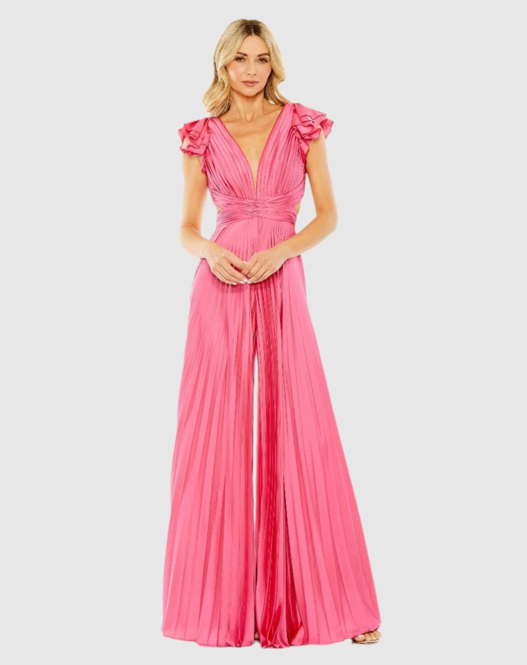 Jumpsuits &amp; Rompers | Women Mac Duggal Pink Ruffle Cap Sleeve Cutout Heat Pleated Jumpsuit Candy Pink