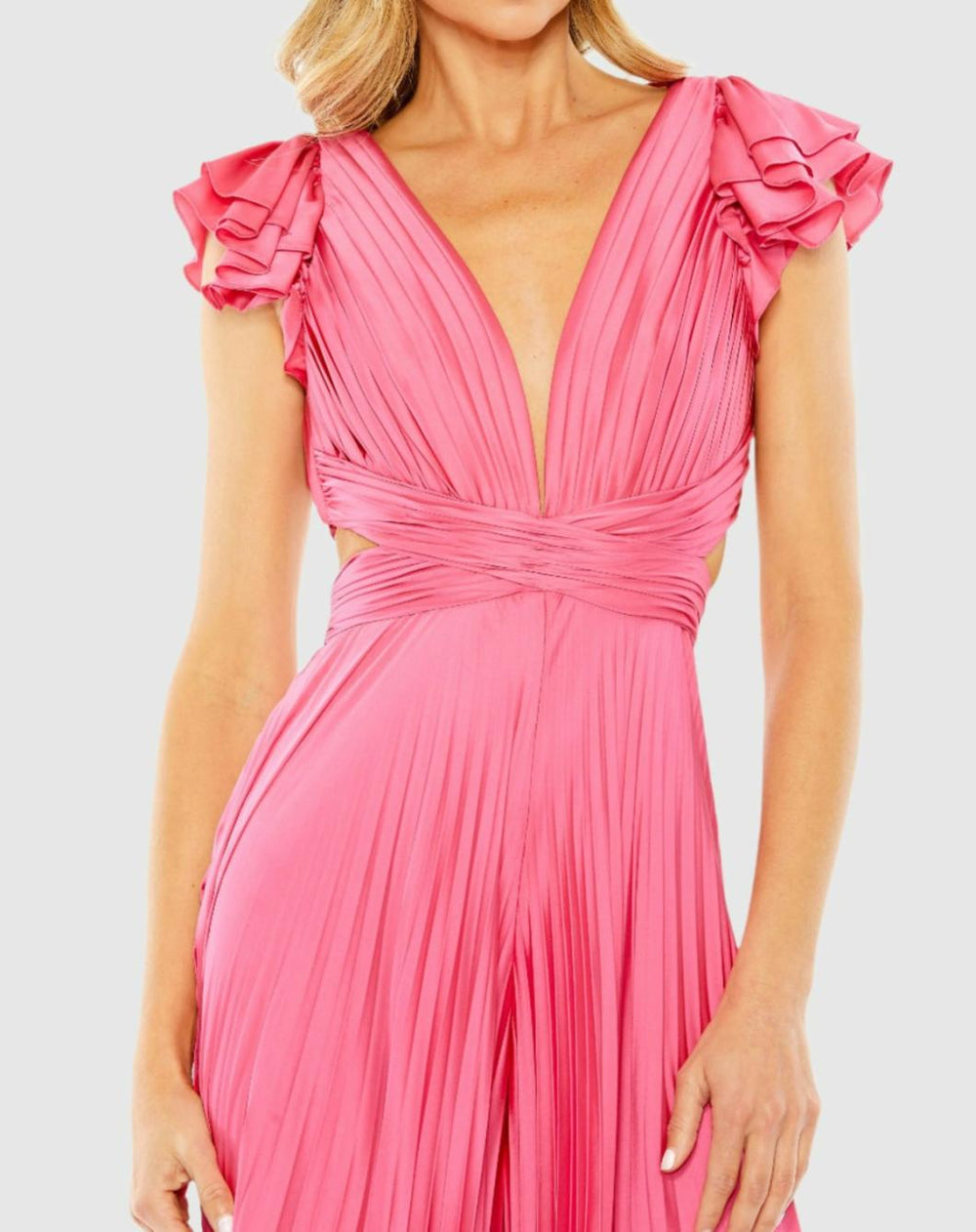 Jumpsuits &amp; Rompers | Women Mac Duggal Pink Ruffle Cap Sleeve Cutout Heat Pleated Jumpsuit Candy Pink