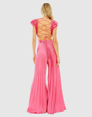 Jumpsuits &amp; Rompers | Women Mac Duggal Pink Ruffle Cap Sleeve Cutout Heat Pleated Jumpsuit Candy Pink