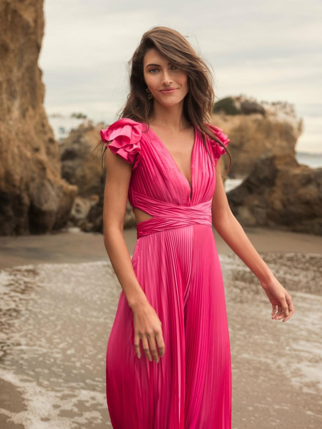 Jumpsuits &amp; Rompers | Women Mac Duggal Pink Ruffle Cap Sleeve Cutout Heat Pleated Jumpsuit Candy Pink