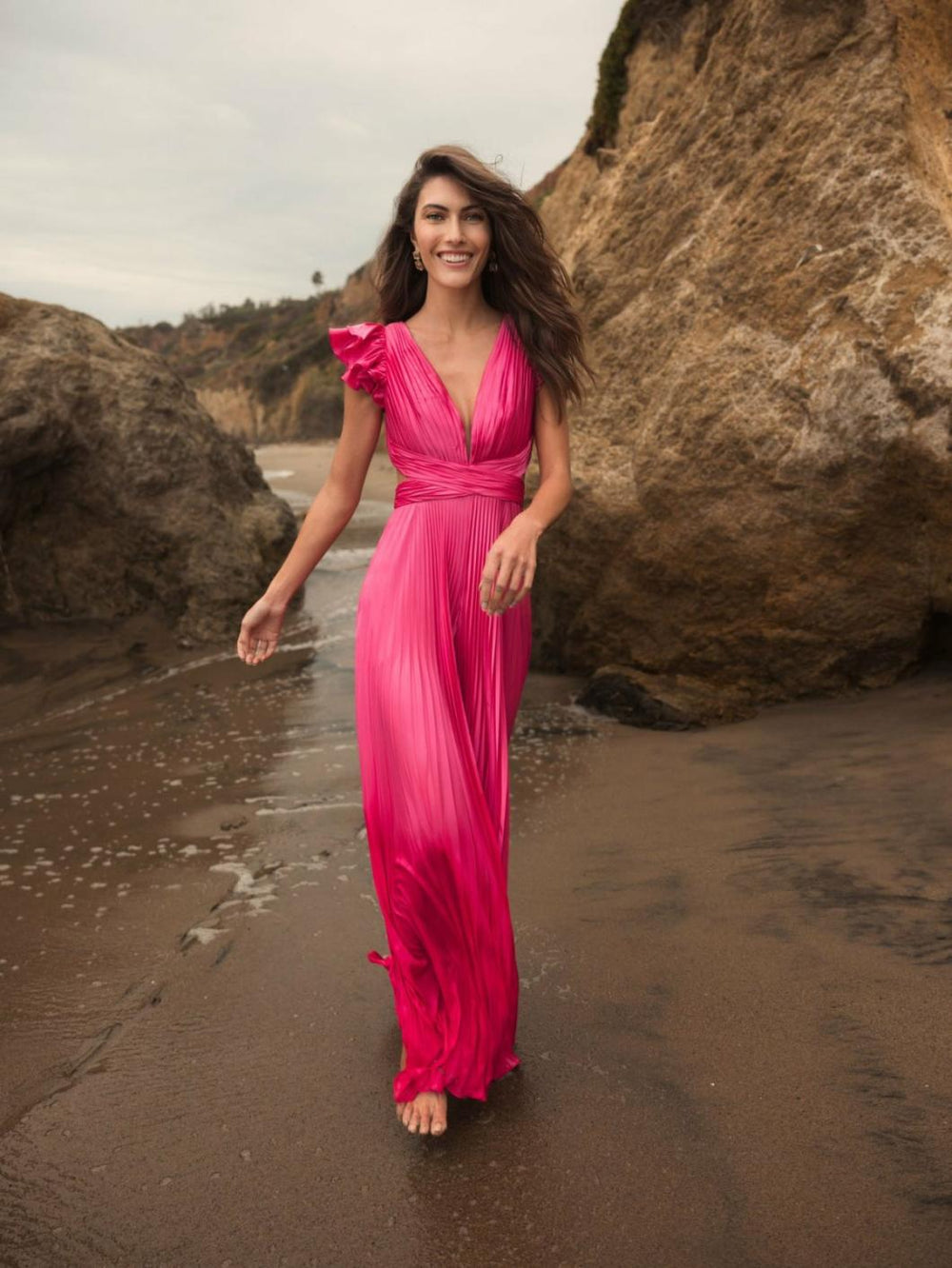 Jumpsuits &amp; Rompers | Women Mac Duggal Pink Ruffle Cap Sleeve Cutout Heat Pleated Jumpsuit Candy Pink