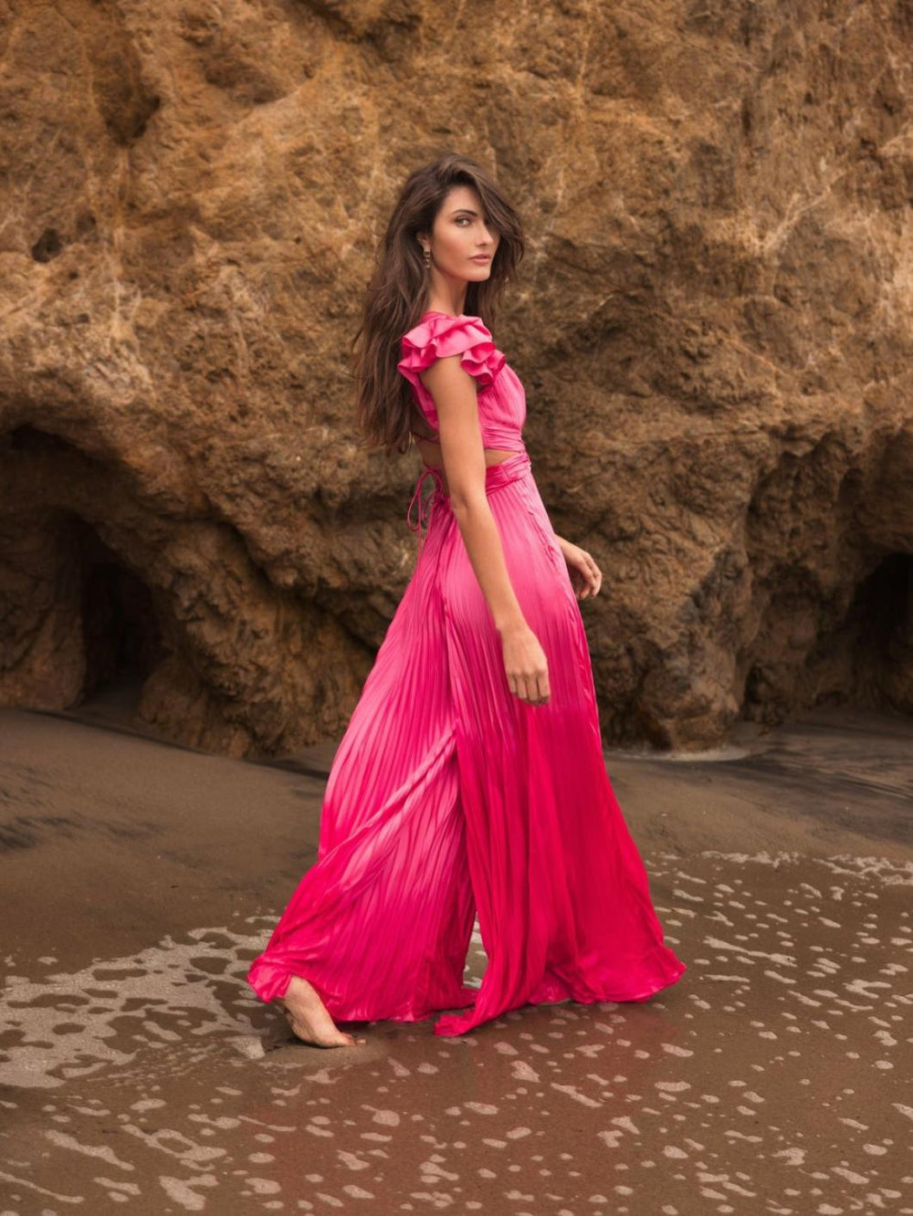 Jumpsuits &amp; Rompers | Women Mac Duggal Pink Ruffle Cap Sleeve Cutout Heat Pleated Jumpsuit Candy Pink