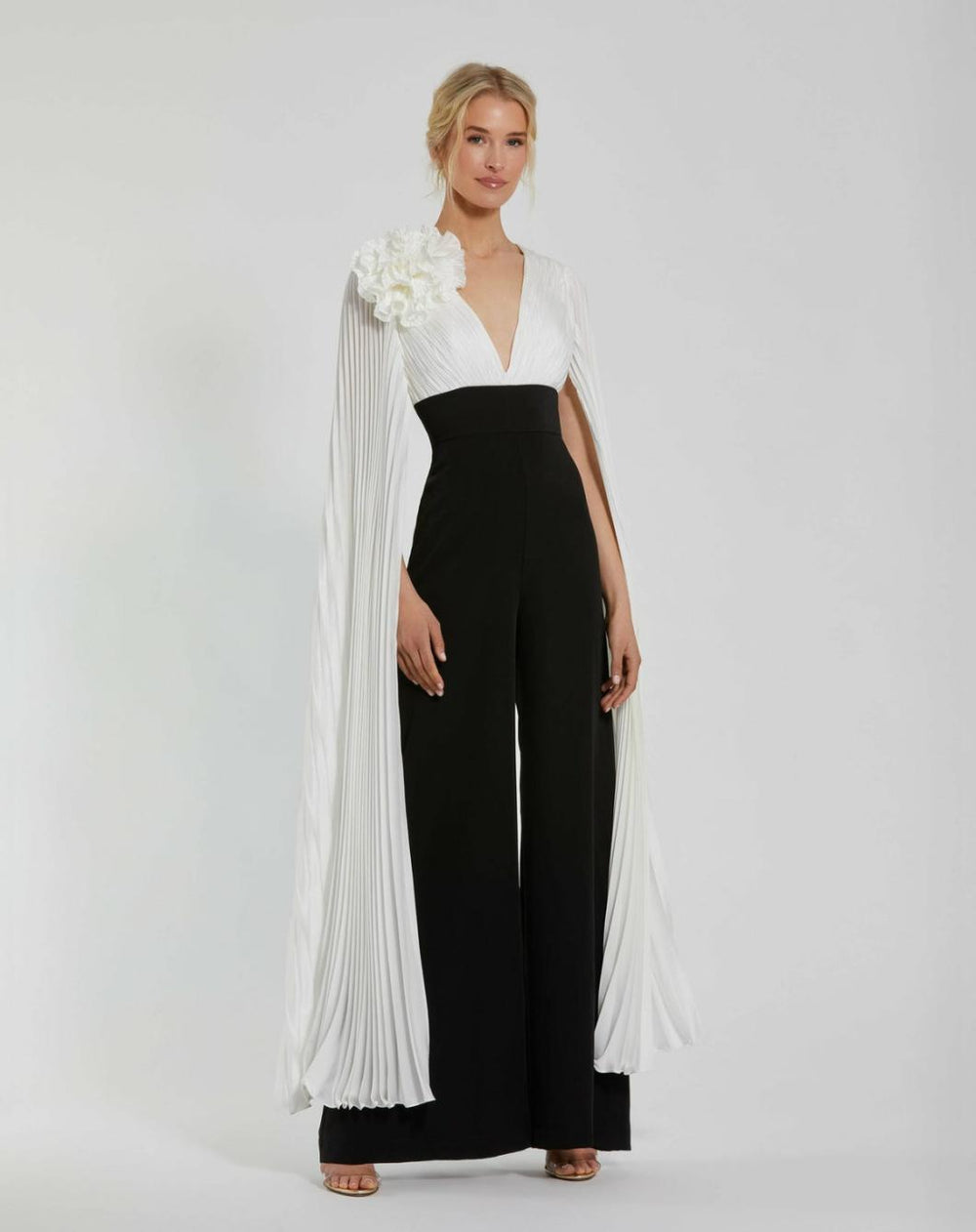 Jumpsuits &amp; Rompers | Women Mac Duggal Pleated Charmeuse And Crepe Wide Leg Jumpsuit Black Ivory