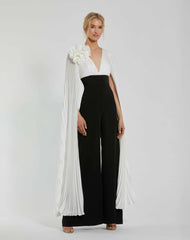 Jumpsuits &amp; Rompers | Women Mac Duggal Pleated Charmeuse And Crepe Wide Leg Jumpsuit Black Ivory