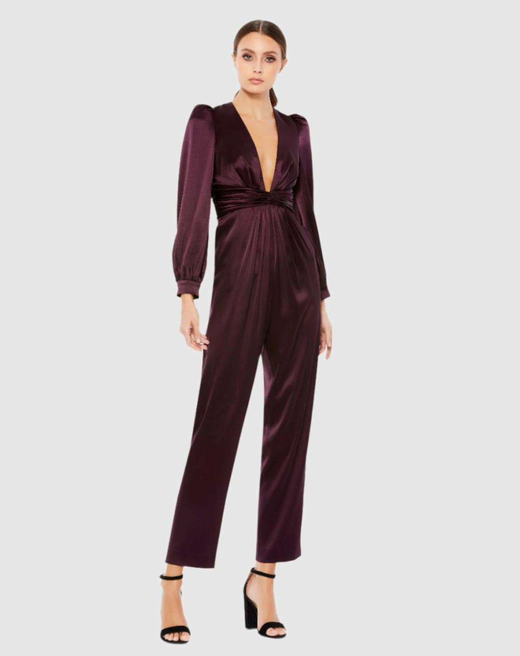 Jumpsuits &amp; Rompers | Women Mac Duggal Purple Front Twist Puff Sleeve Deep V Jumpsuit Plum