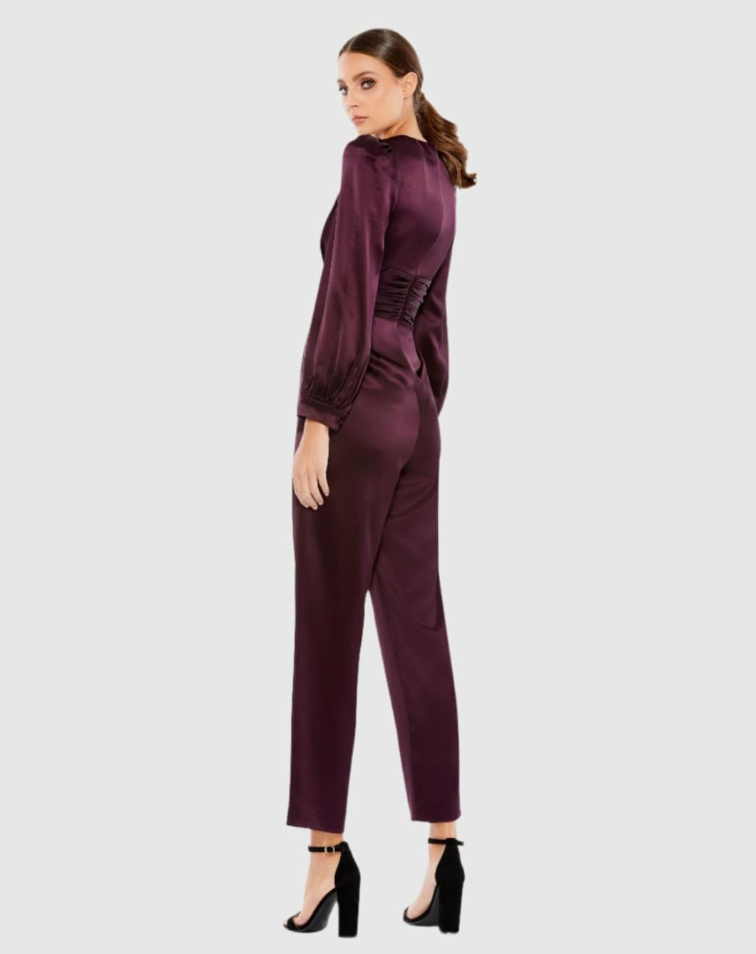 Jumpsuits &amp; Rompers | Women Mac Duggal Purple Front Twist Puff Sleeve Deep V Jumpsuit Plum