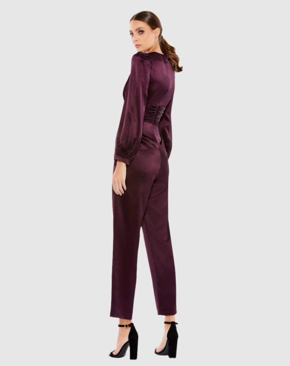 Jumpsuits &amp; Rompers | Women Mac Duggal Purple Front Twist Puff Sleeve Deep V Jumpsuit Plum