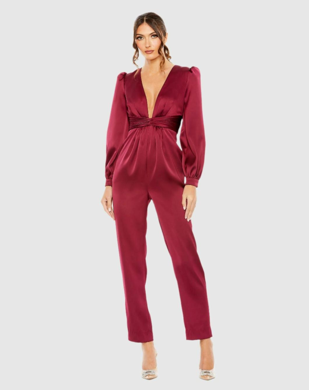 Jumpsuits &amp; Rompers | Women Mac Duggal Red Front Twist Puff Sleeve Deep V Jumpsuit Ruby