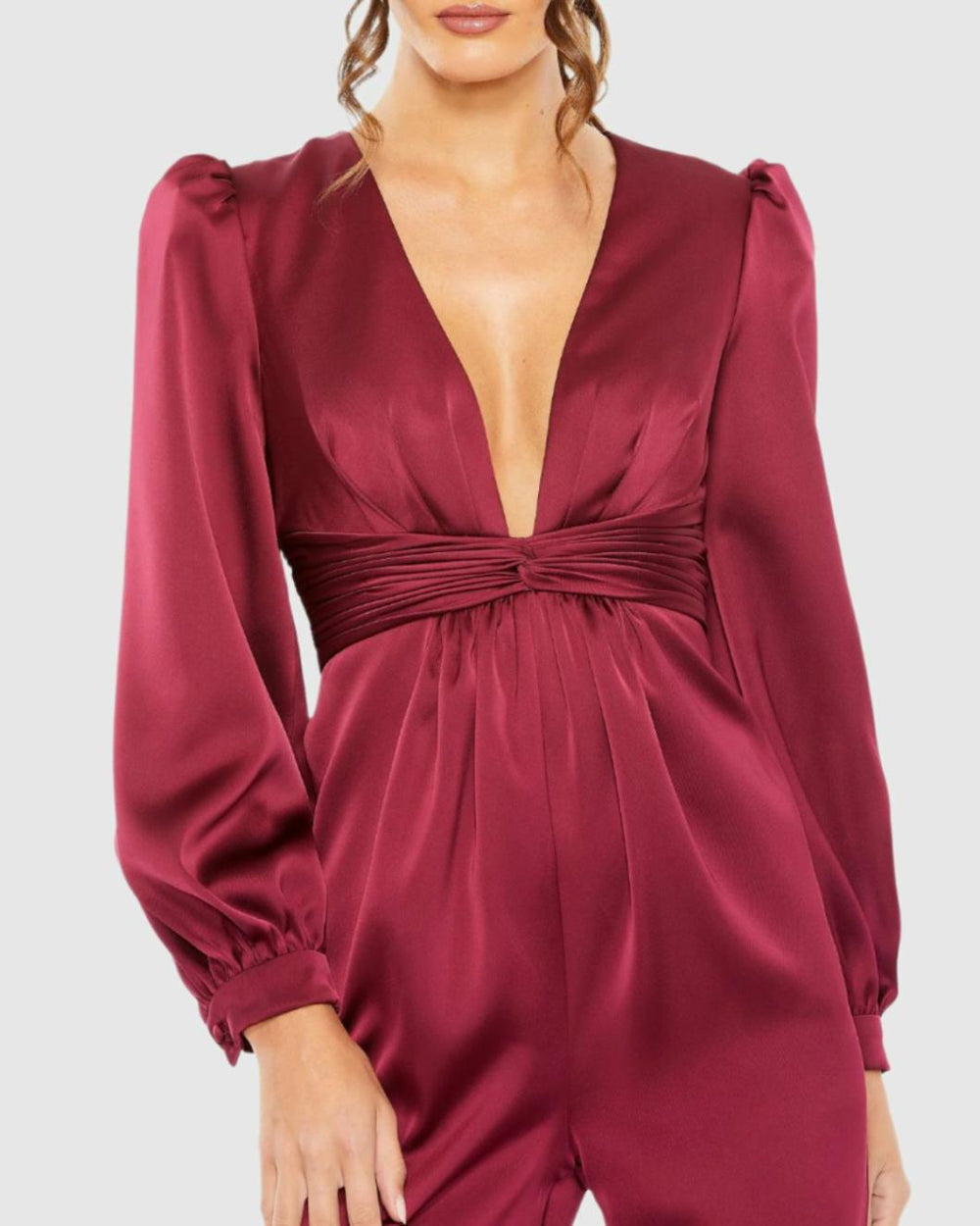 Jumpsuits &amp; Rompers | Women Mac Duggal Red Front Twist Puff Sleeve Deep V Jumpsuit Ruby